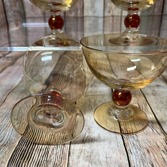Hand Blown Ball Stem Sherbet Glasses~4~Gold Champagne Glass with Amber Ball Stem - Picture 3 of 6